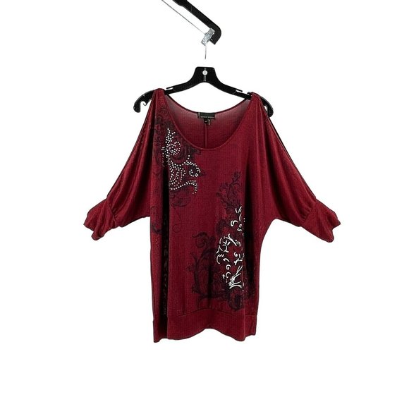 i jeans by Buffalo Tops - i Jeans by Buffalo Women's Metallic Red Knit Shirt Top Blouse Rhinestones Size M